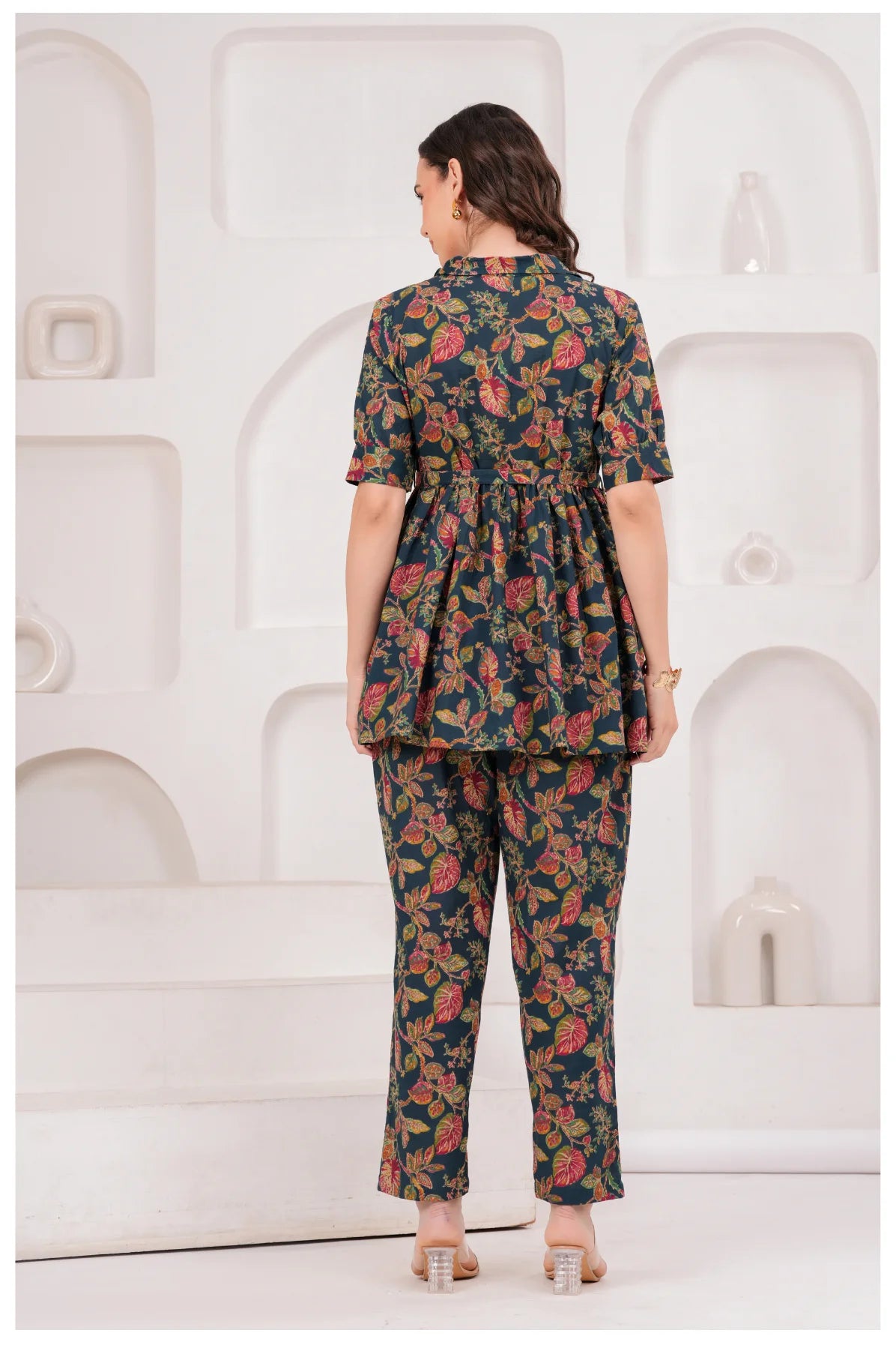 Navy Blue Floral Printed Cotton Co-Ord Set for Women