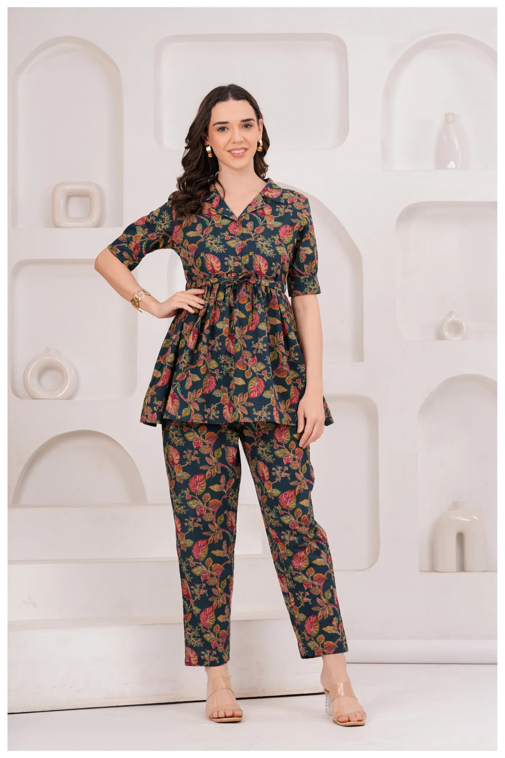 Navy Blue Floral Printed Cotton Co-Ord Set for Women