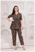 Navy Blue Floral Printed Cotton Co-Ord Set for Women