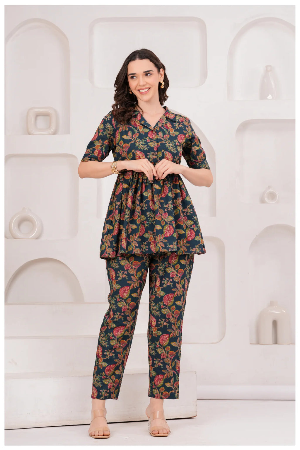 Navy Blue Floral Printed Cotton Co-Ord Set for Women