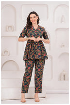 Navy Blue Floral Printed Cotton Co-Ord Set for Women