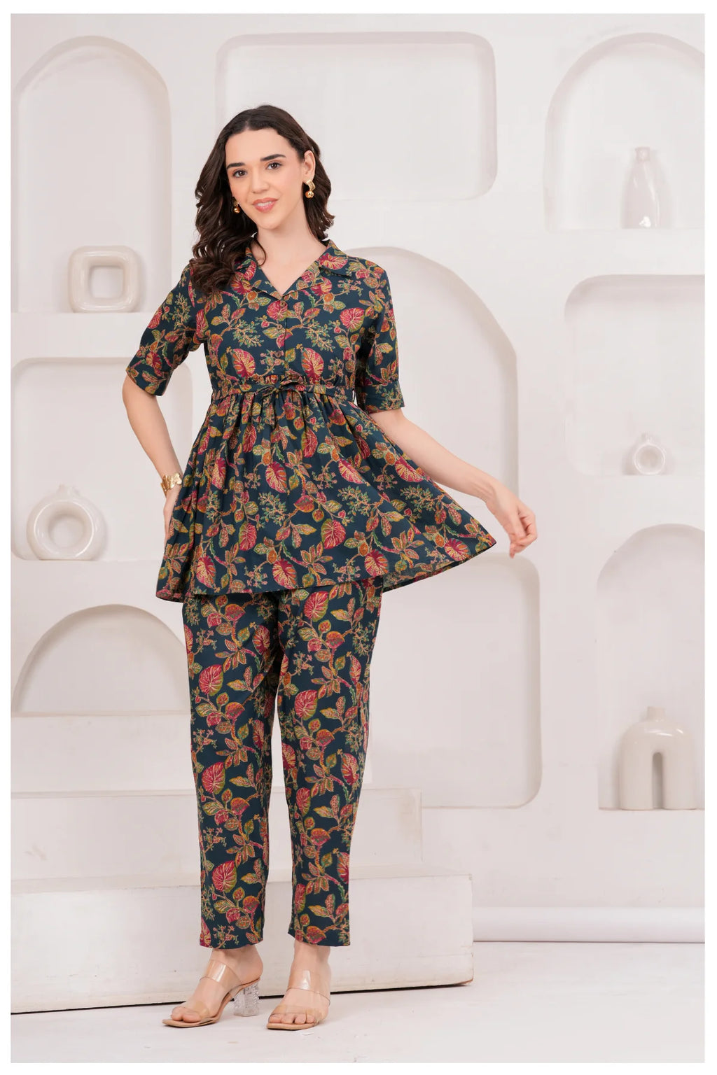 Navy Blue Floral Printed Cotton Co-Ord Set for Women