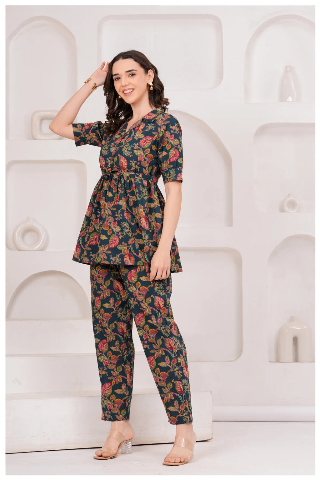 Navy Blue Floral Printed Cotton Co-Ord Set for Women