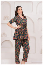 Navy Blue Floral Printed Cotton Co-Ord Set for Women