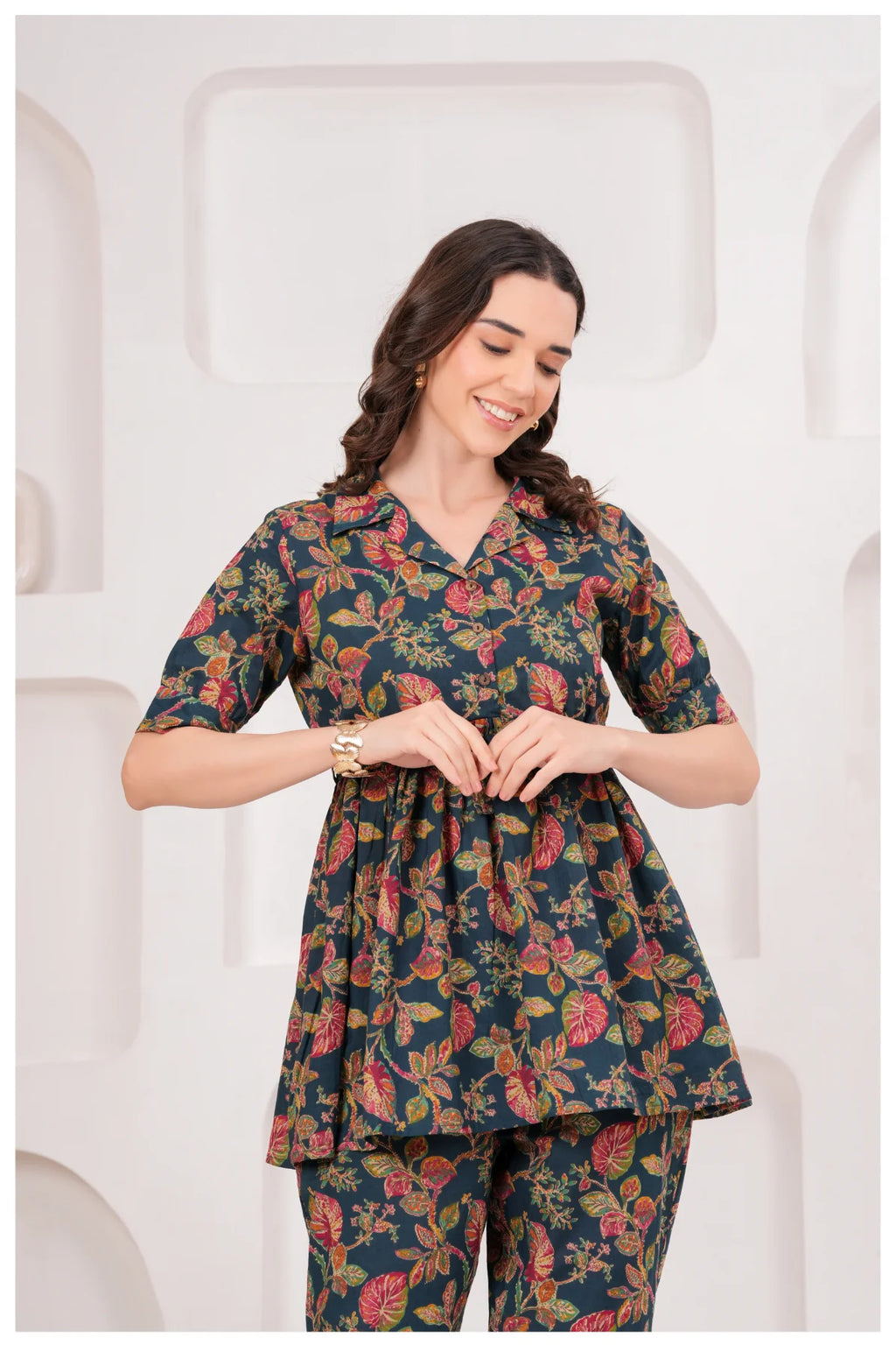 Navy Blue Floral Printed Cotton Co-Ord Set for Women