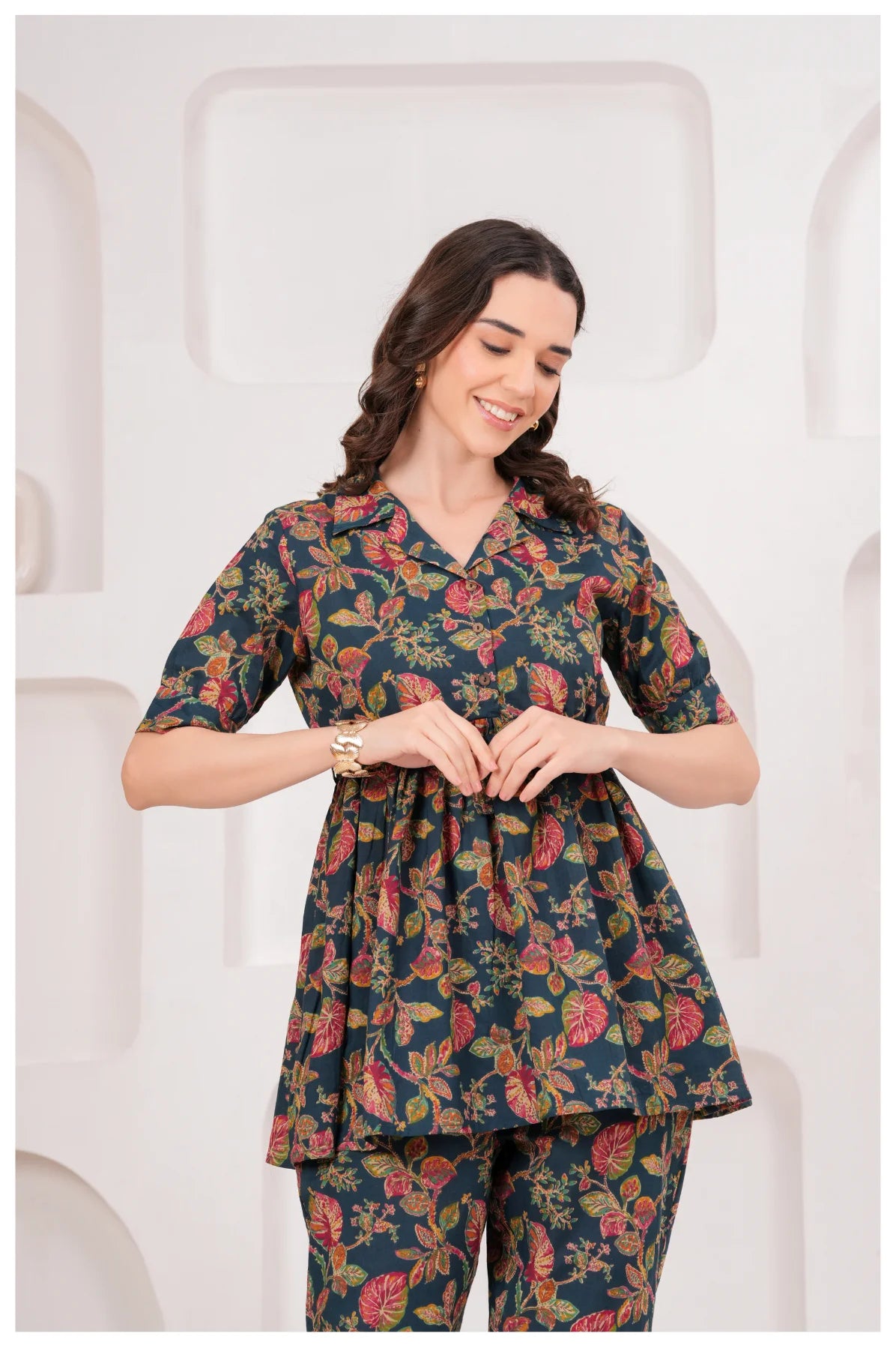 Navy Blue Floral Printed Cotton Co-Ord Set for Women