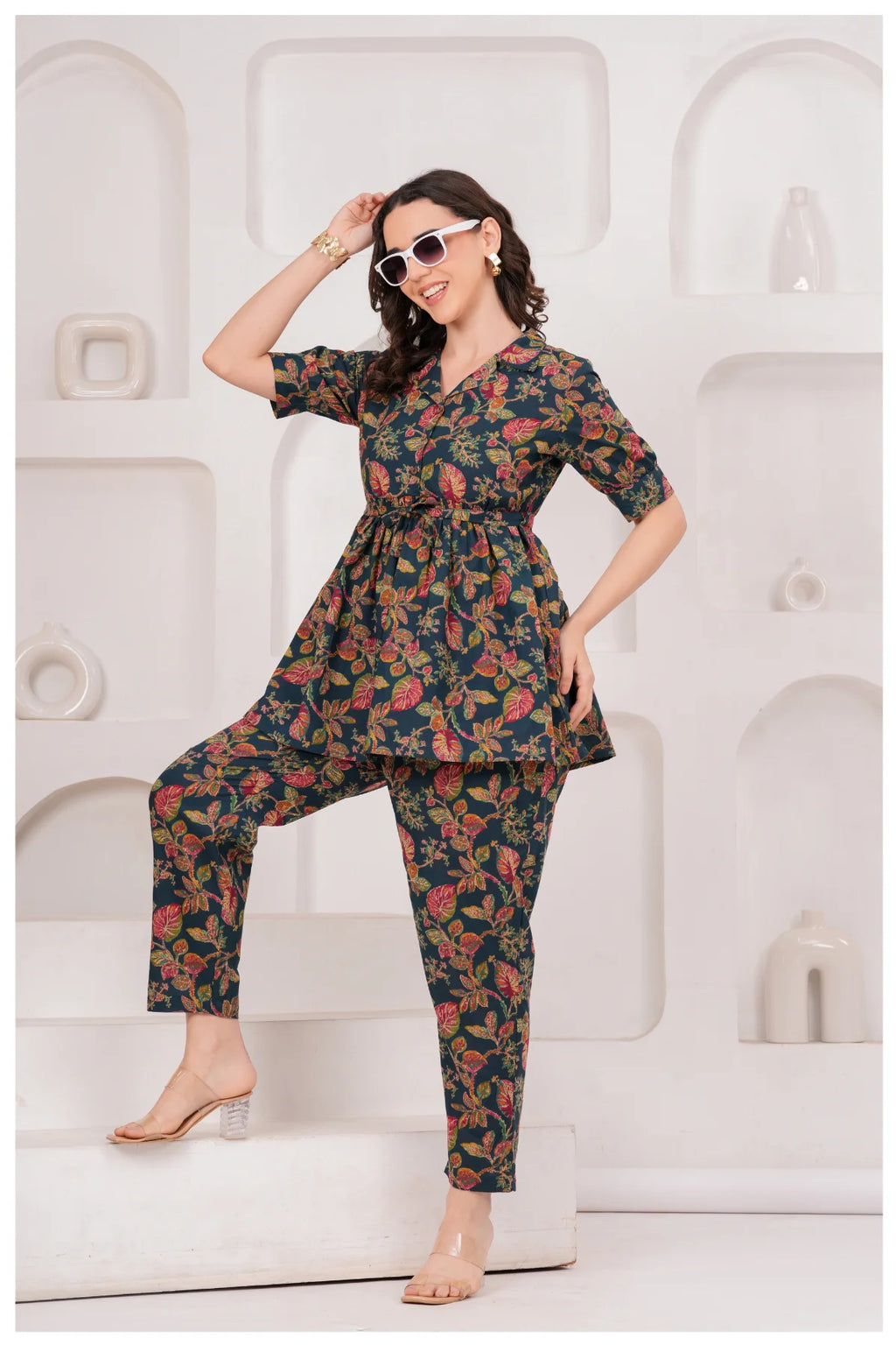 Navy Blue Floral Printed Cotton Co-Ord Set for Women