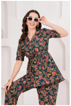 Navy Blue Floral Printed Cotton Co-Ord Set for Women