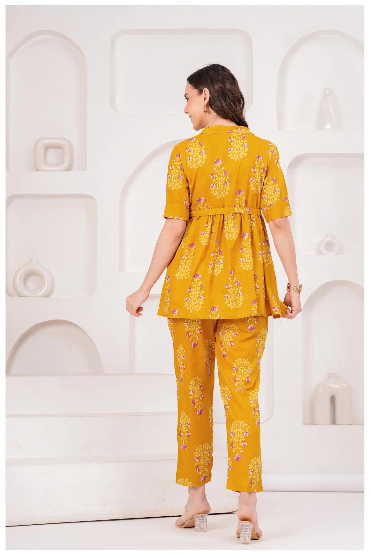 Mustard Yellow Floral Printed Cotton Co-Ord Set for Women