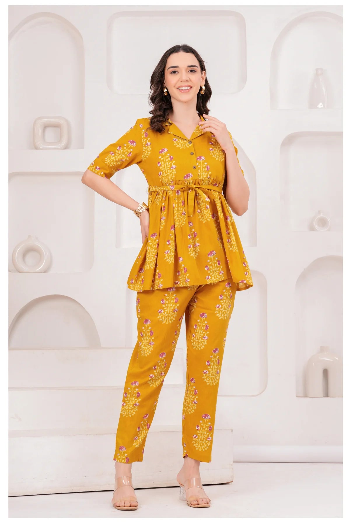 Mustard Yellow Floral Printed Cotton Co-Ord Set for Women