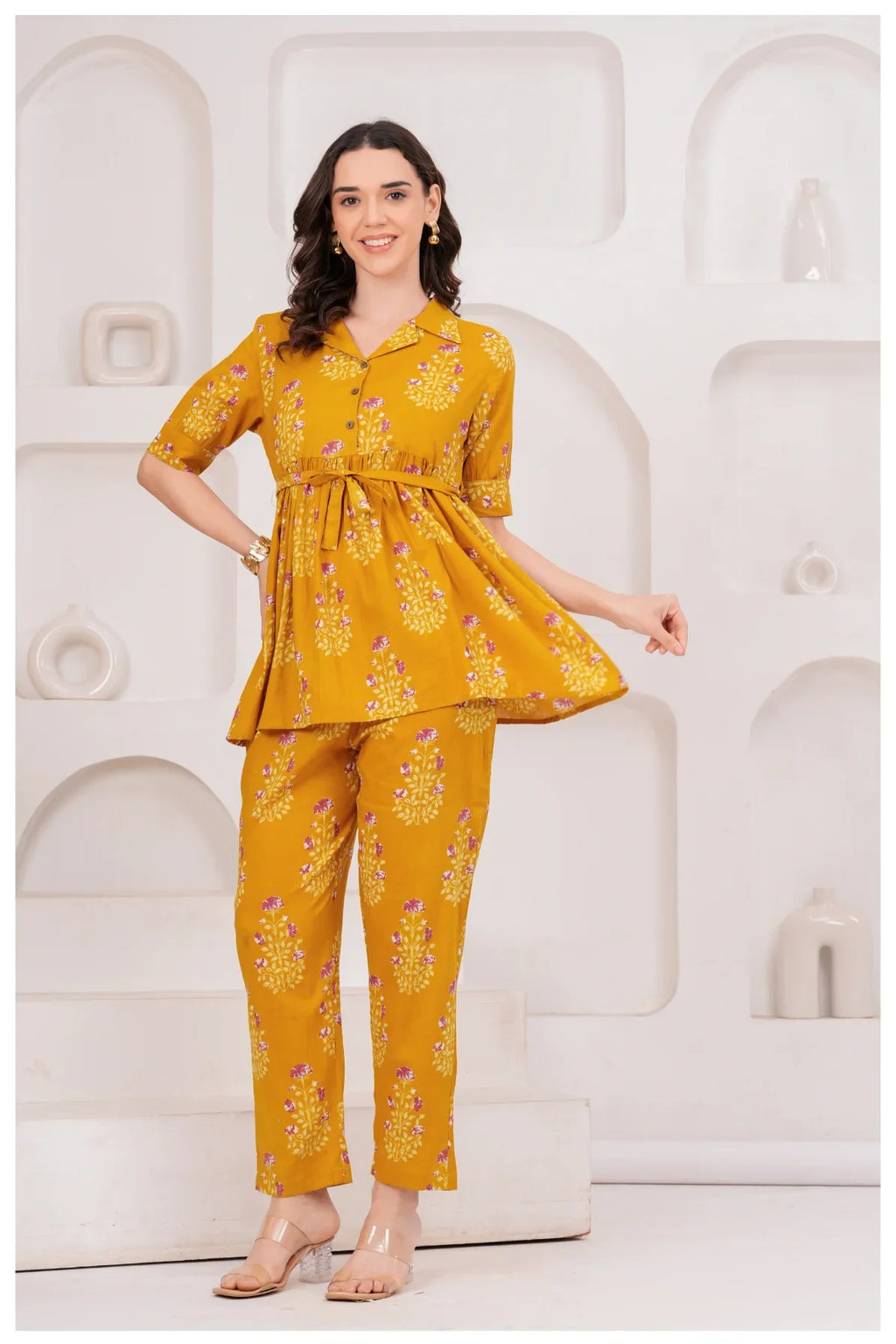 Mustard Yellow Floral Printed Cotton Co-Ord Set for Women