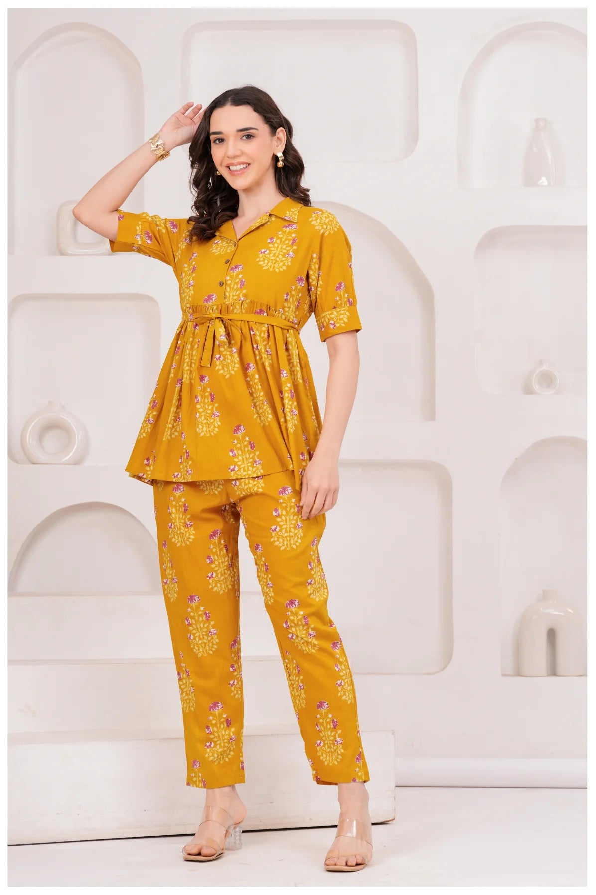 Mustard Yellow Floral Printed Cotton Co-Ord Set for Women