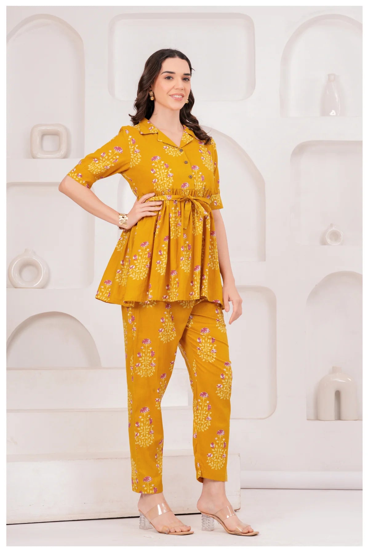 Mustard Yellow Floral Printed Cotton Co-Ord Set for Women