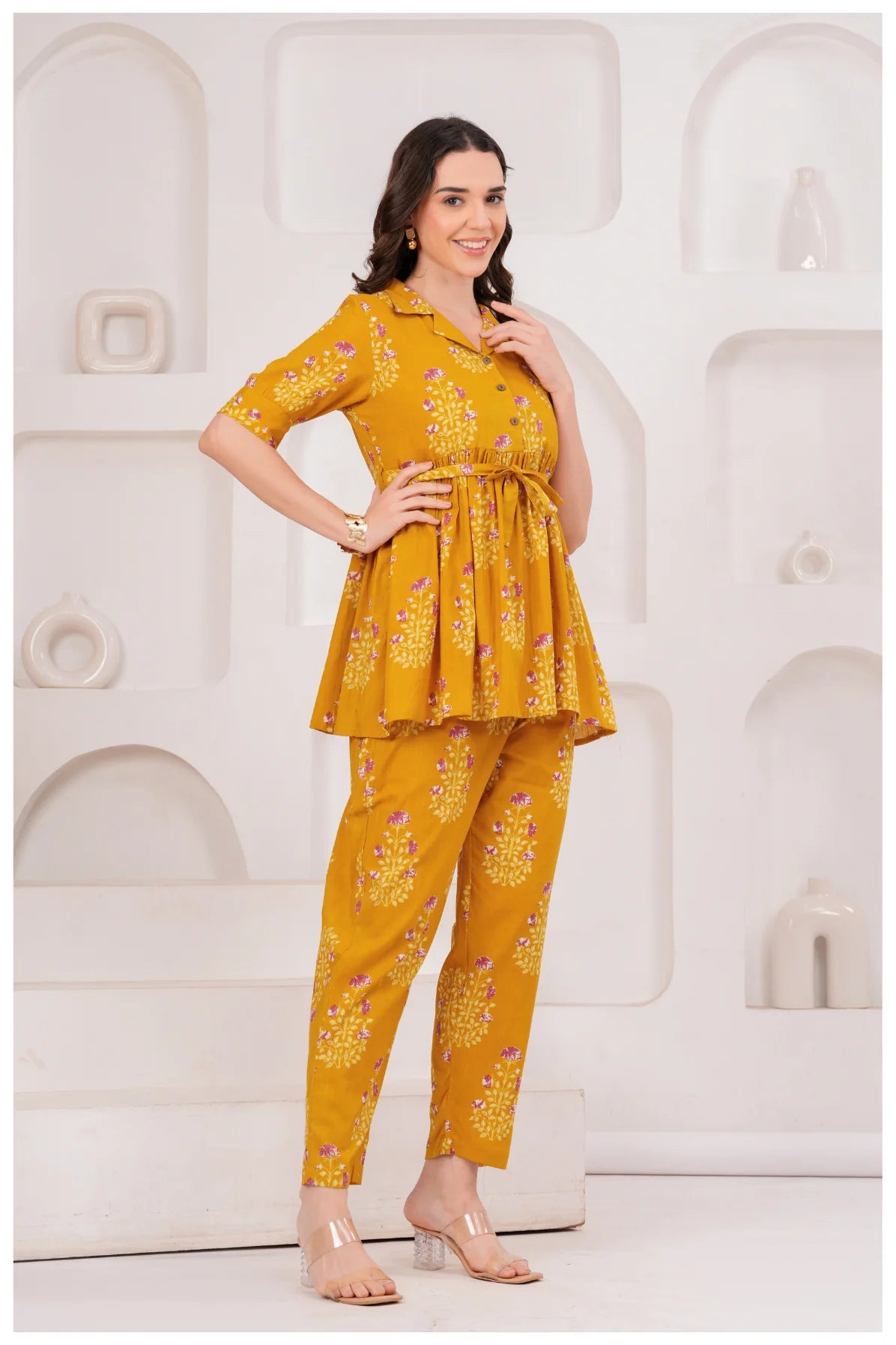 Mustard Yellow Floral Printed Cotton Co-Ord Set for Women