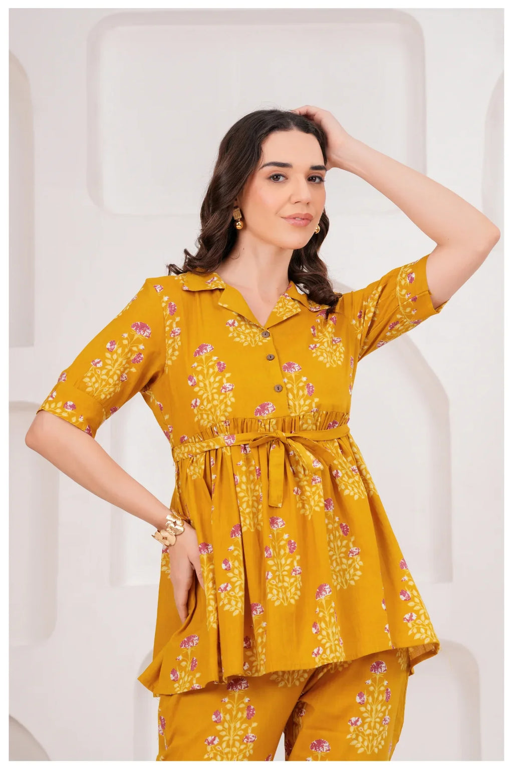 Mustard Yellow Floral Printed Cotton Co-Ord Set for Women