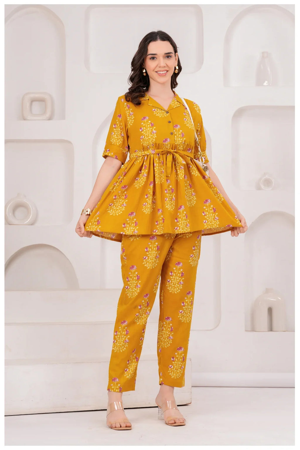 Mustard Yellow Floral Printed Cotton Co-Ord Set for Women