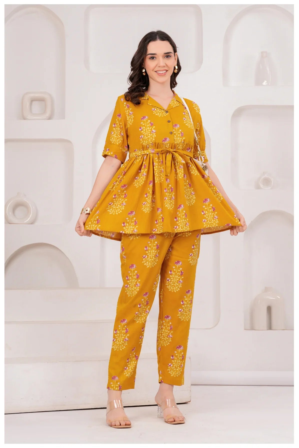 Mustard Yellow Floral Printed Cotton Co-Ord Set for Women