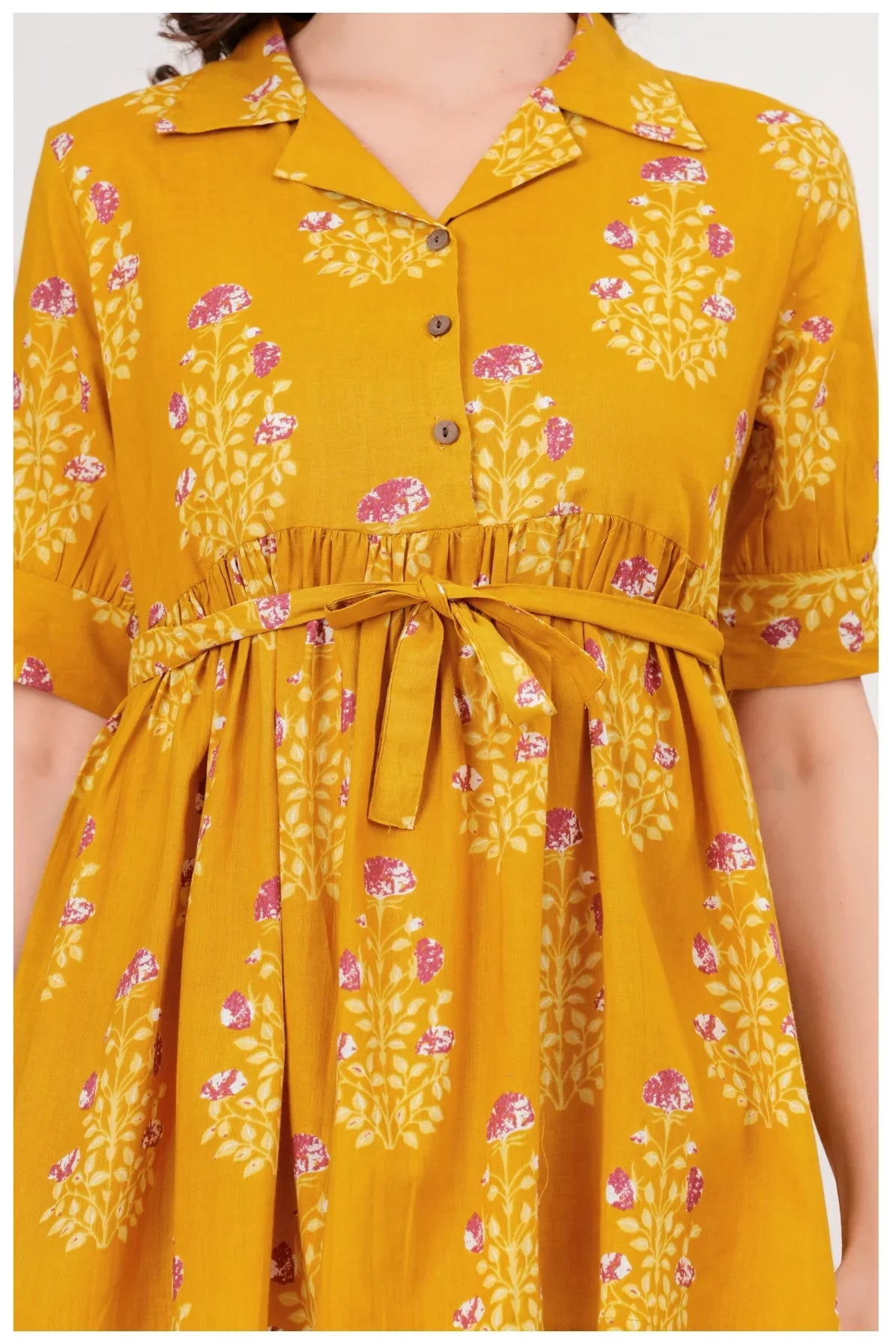 Mustard Yellow Floral Printed Cotton Co-Ord Set for Women