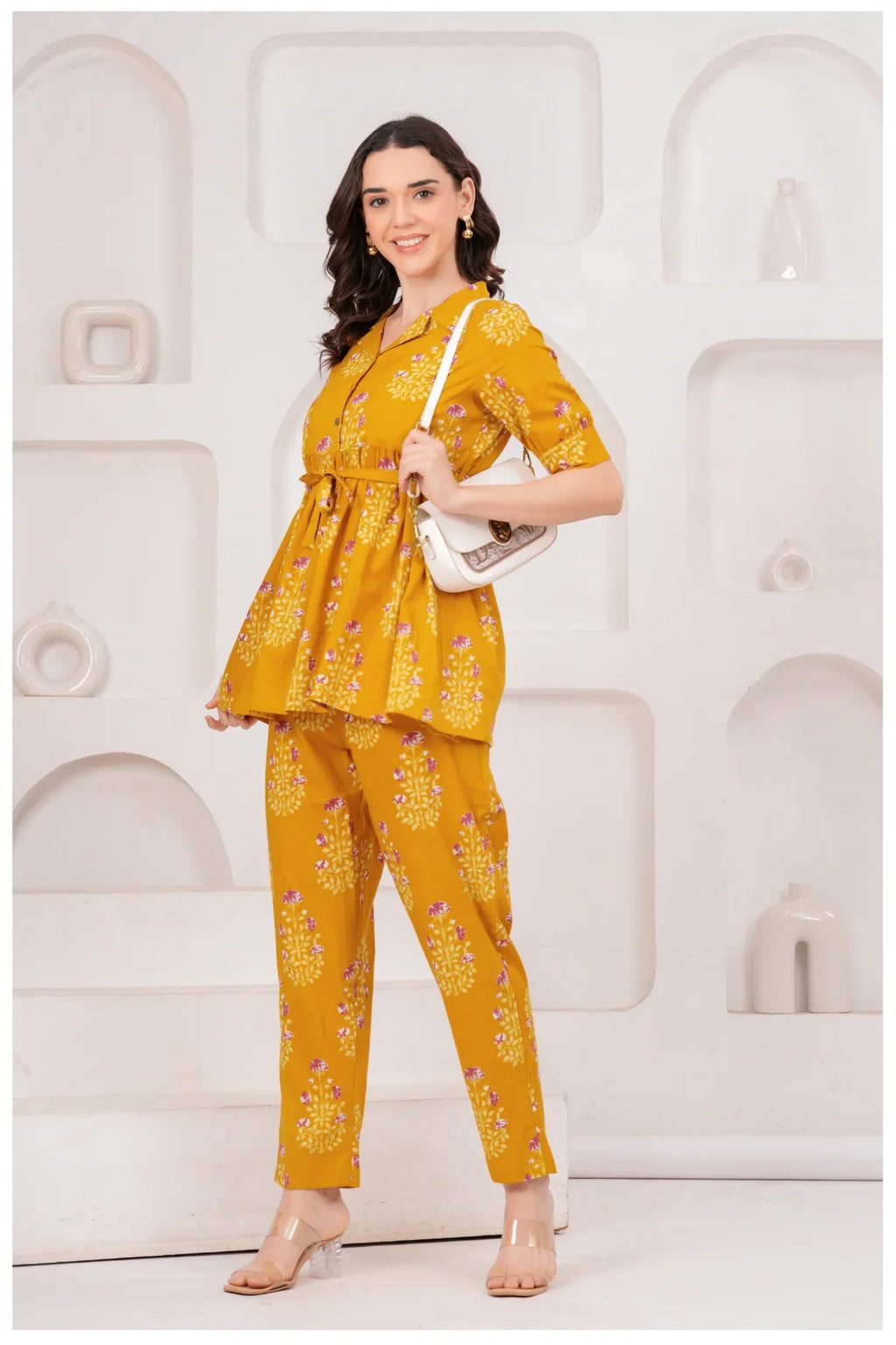 Mustard Yellow Floral Printed Cotton Co-Ord Set for Women