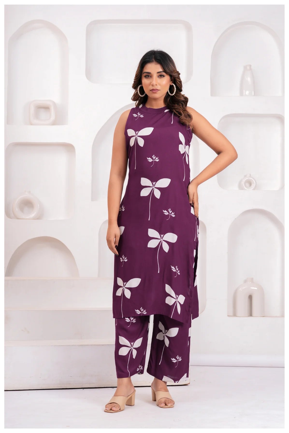 Women’s Wine Purple Printed Rayon Kurta Pant Set