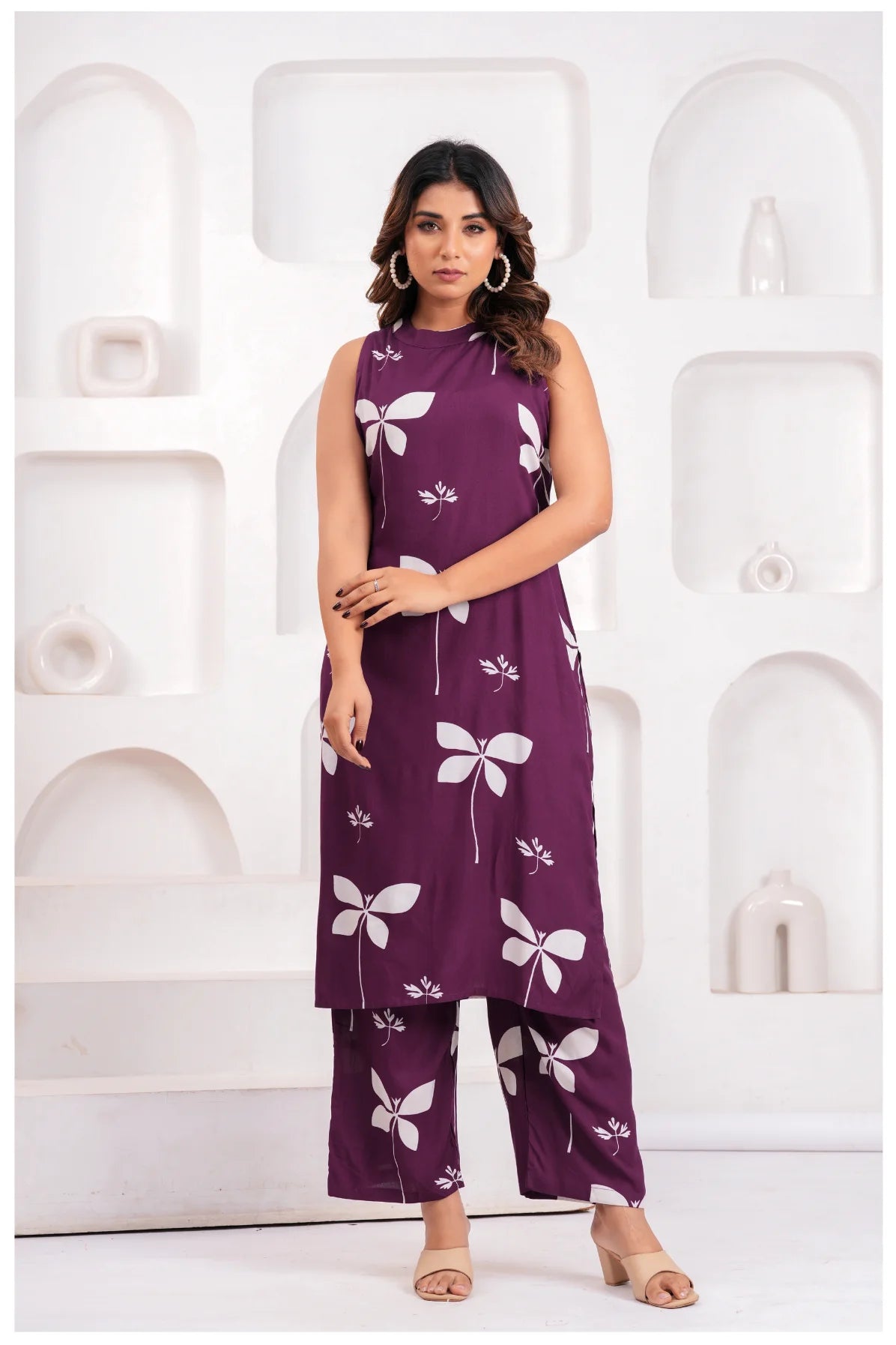 Women’s Wine Purple Printed Rayon Kurta Pant Set