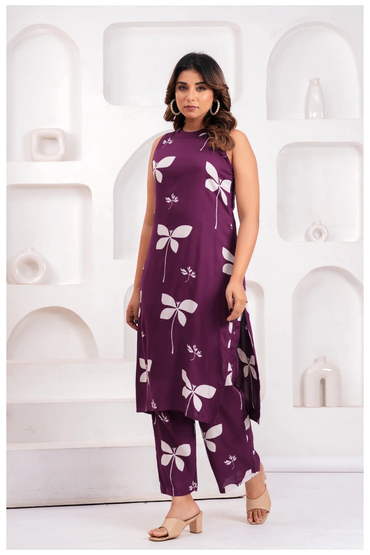 Women’s Wine Purple Printed Rayon Kurta Pant Set