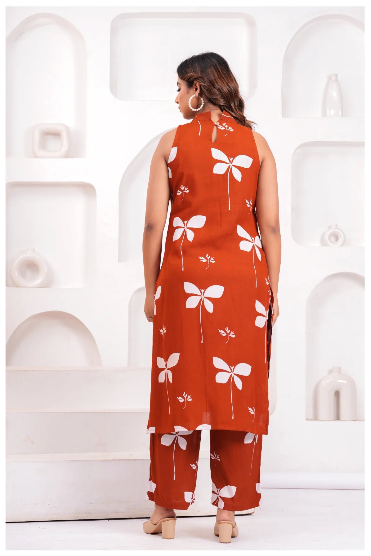 Women’s Rust Orange Printed Rayon Kurta Pant Set