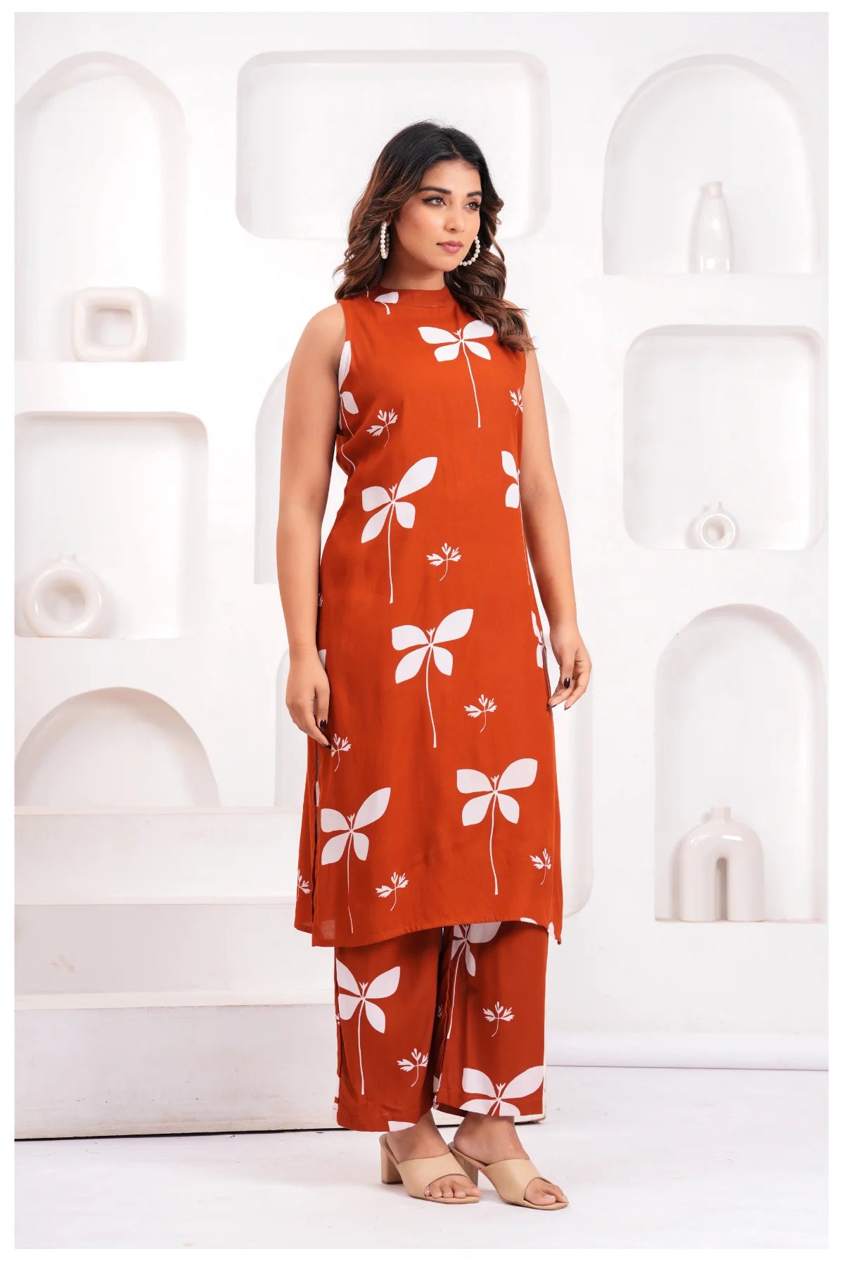 Women’s Rust Orange Printed Rayon Kurta Pant Set