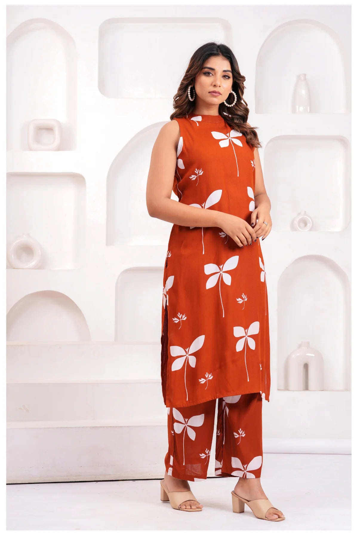 Women’s Rust Orange Printed Rayon Kurta Pant Set