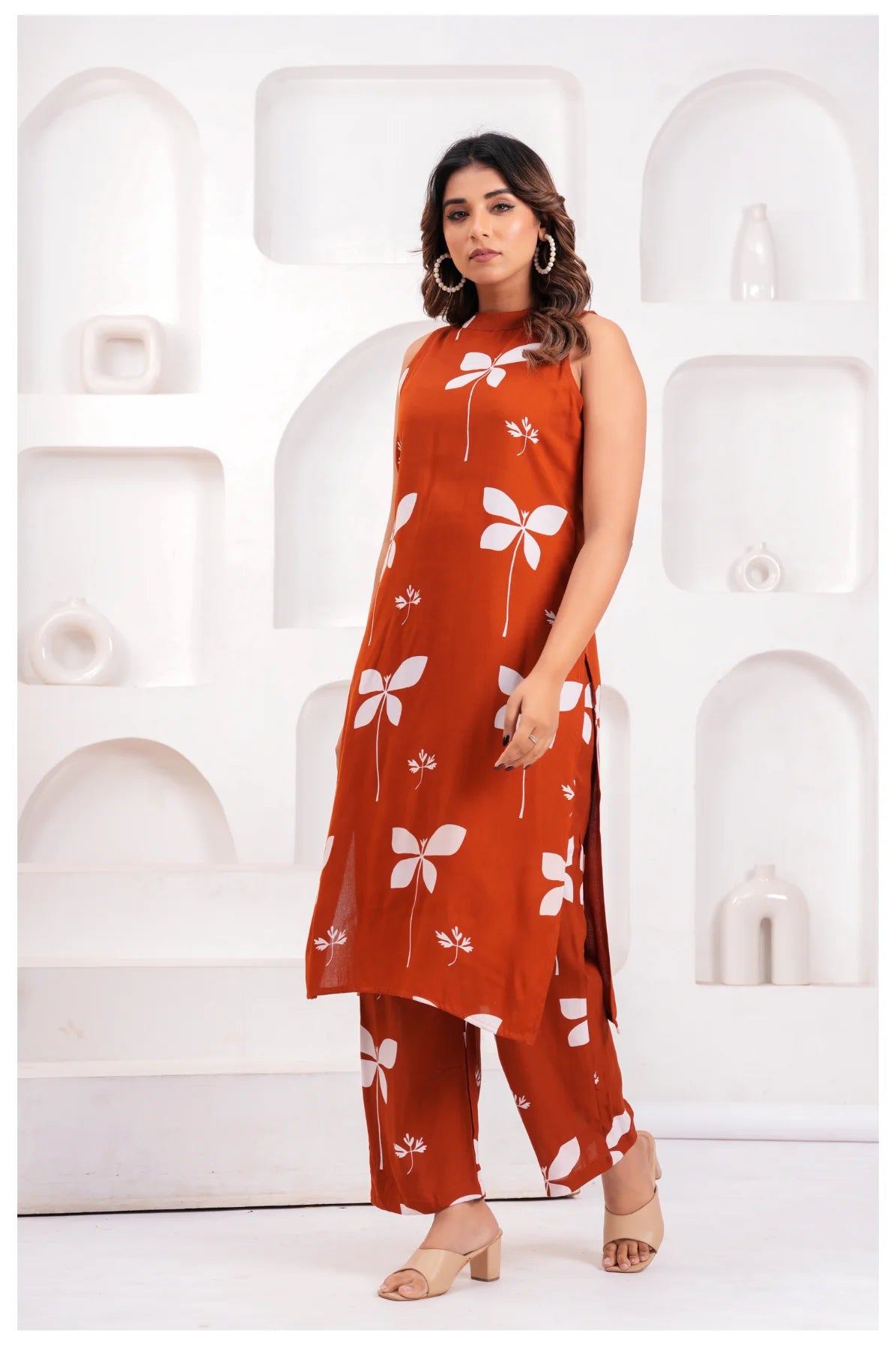 Women’s Rust Orange Printed Rayon Kurta Pant Set