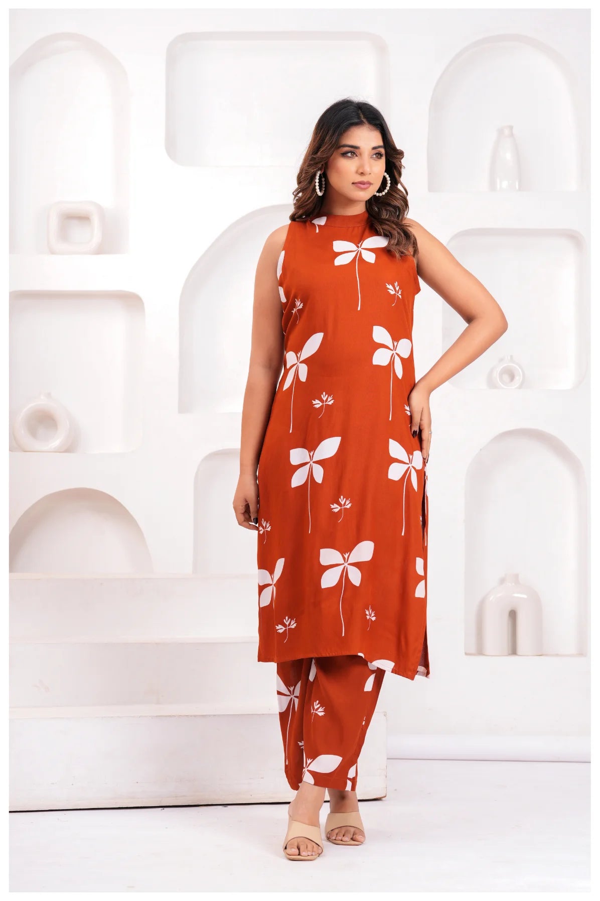 Women’s Rust Orange Printed Rayon Kurta Pant Set