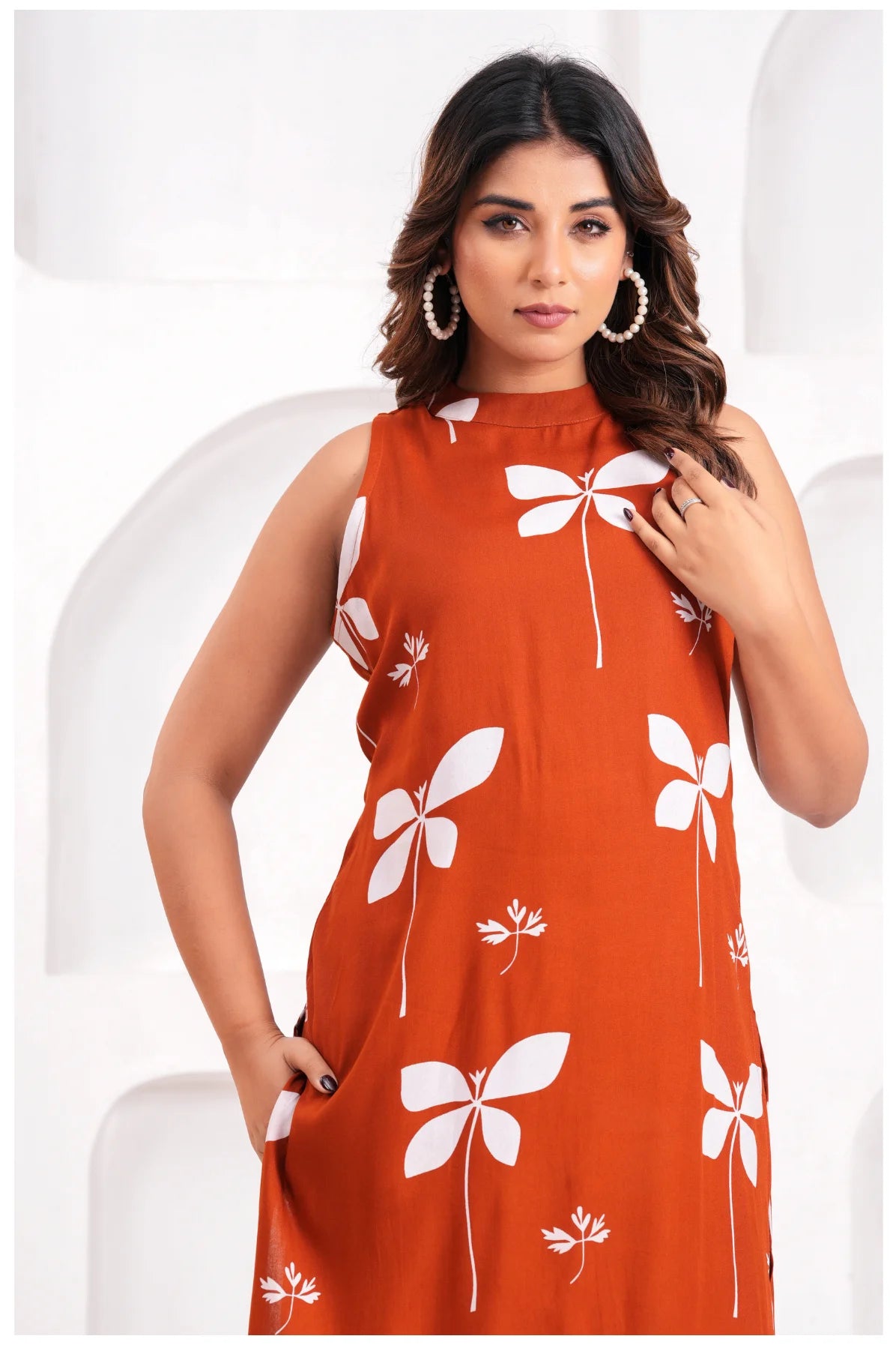 Women’s Rust Orange Printed Rayon Kurta Pant Set