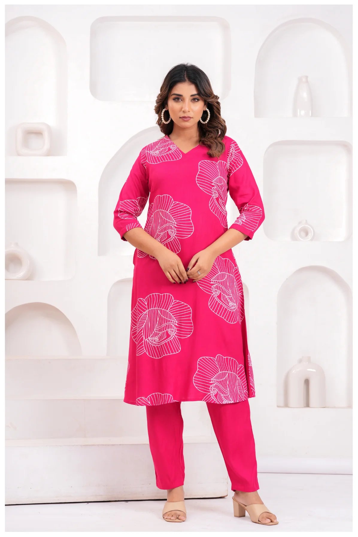 Women’s Pink Printed Rayon Kurta Pant Set