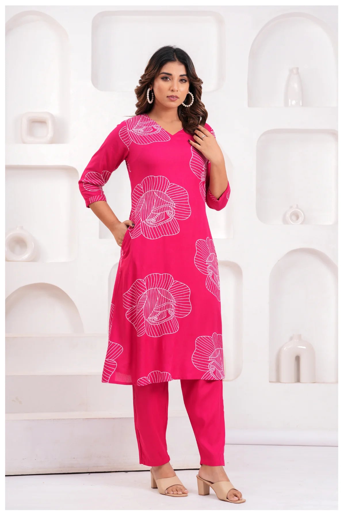 Women’s Pink Printed Rayon Kurta Pant Set