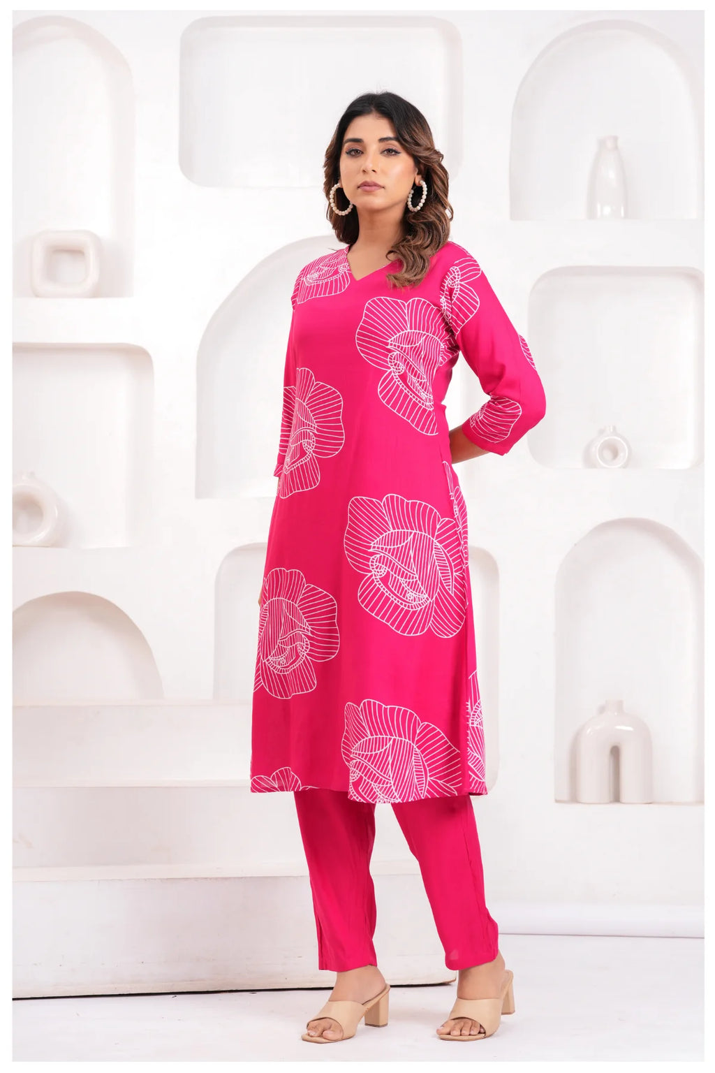 Women’s Pink Printed Rayon Kurta Pant Set