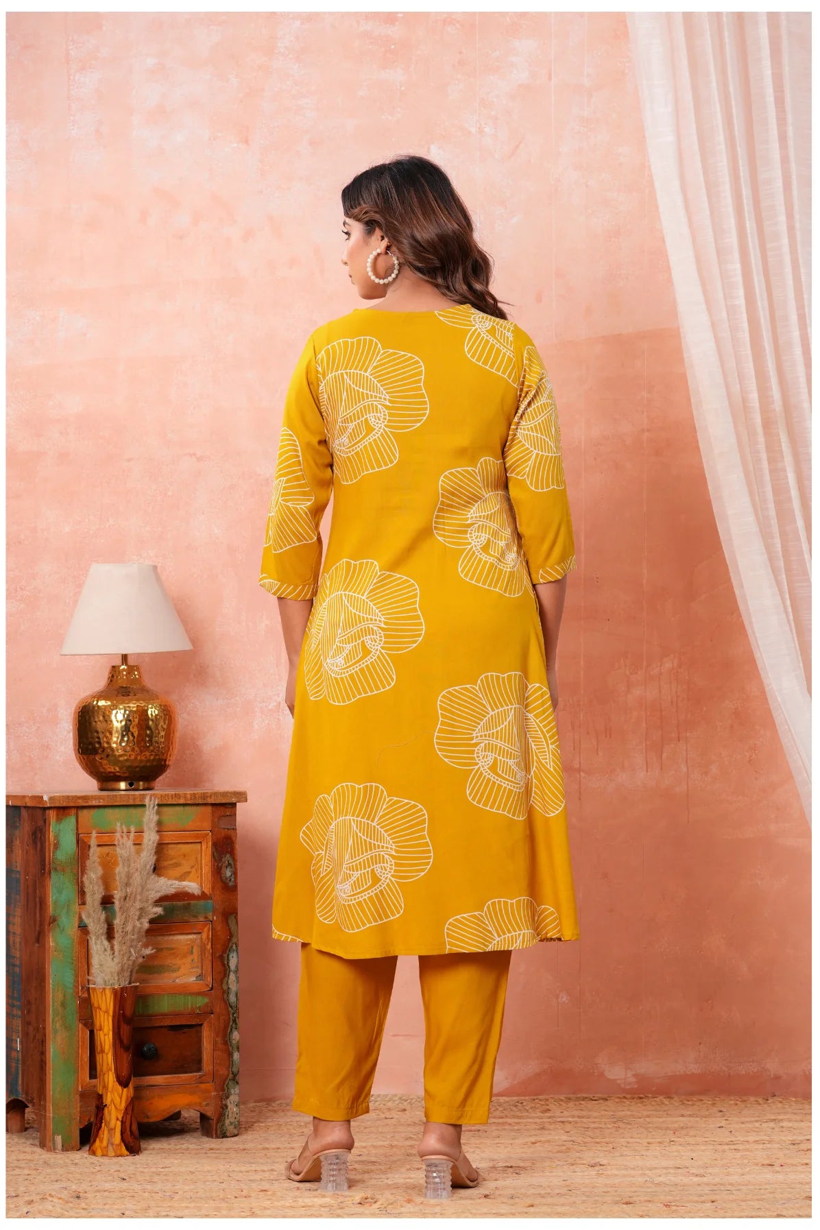 Women’s Mustard Yellow Printed Rayon Kurta Pant Set