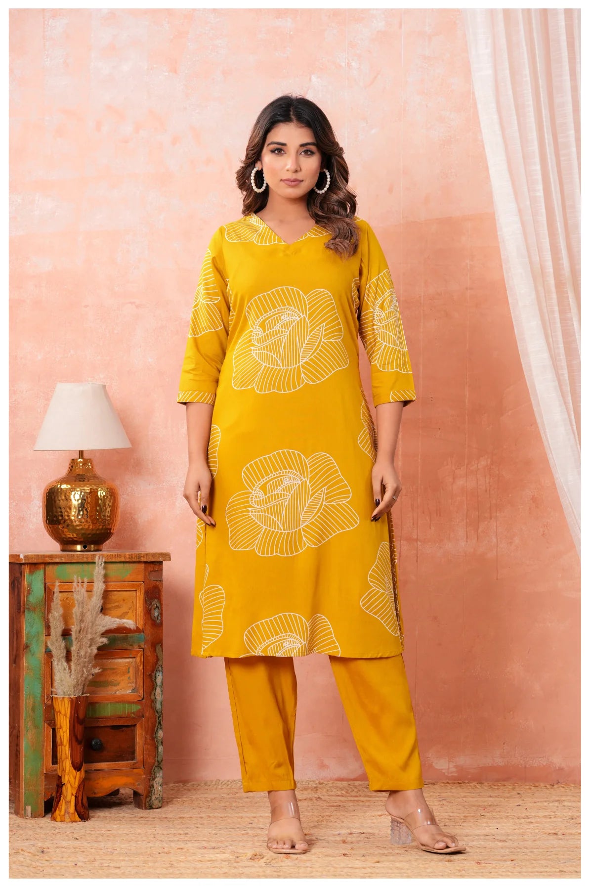 Women’s Mustard Yellow Printed Rayon Kurta Pant Set