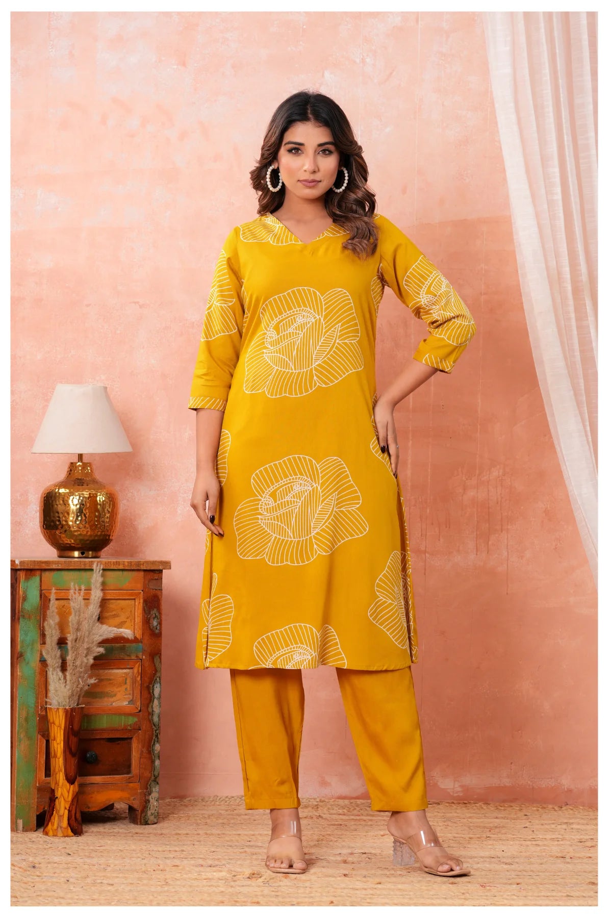 Women’s Mustard Yellow Printed Rayon Kurta Pant Set