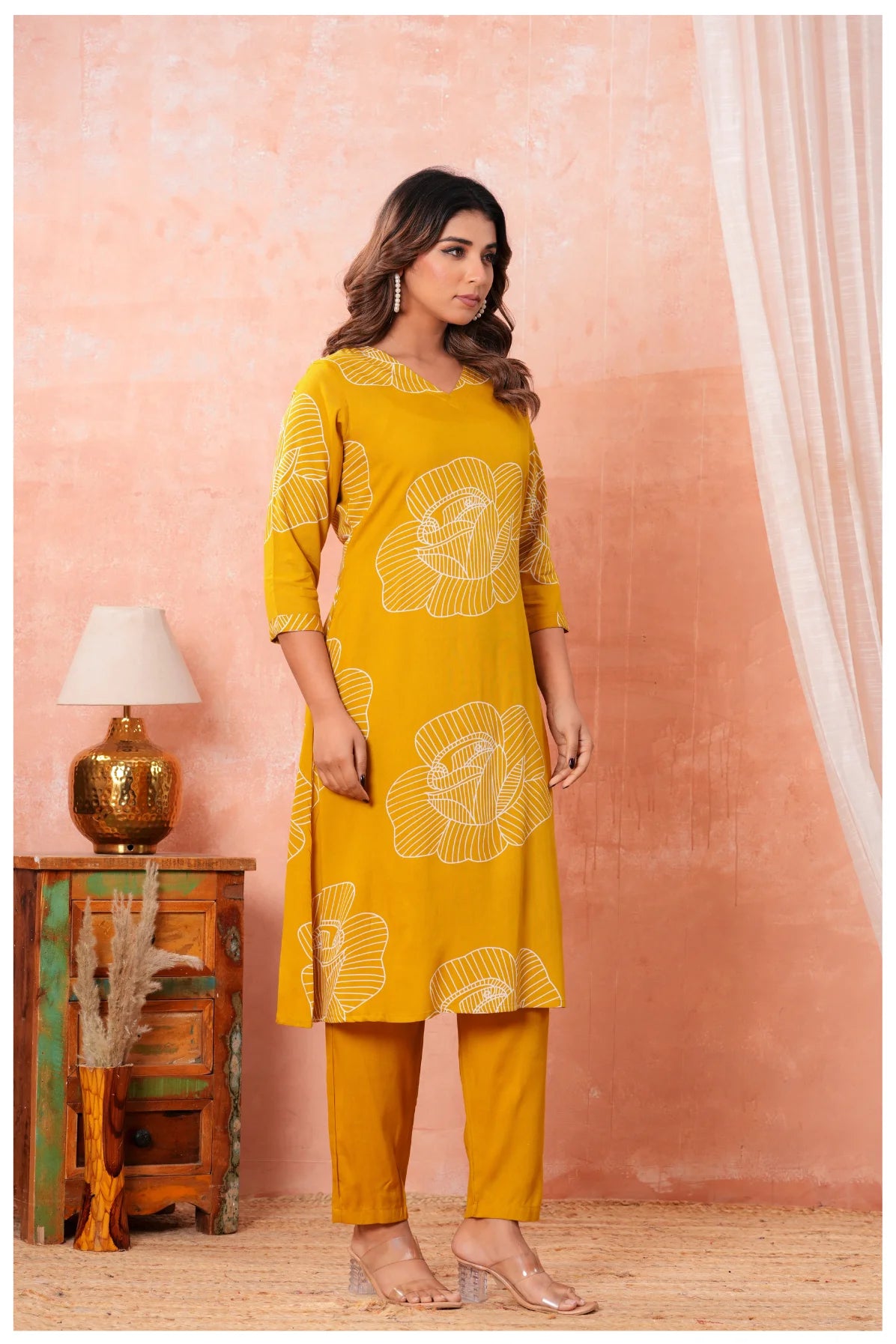 Women’s Mustard Yellow Printed Rayon Kurta Pant Set