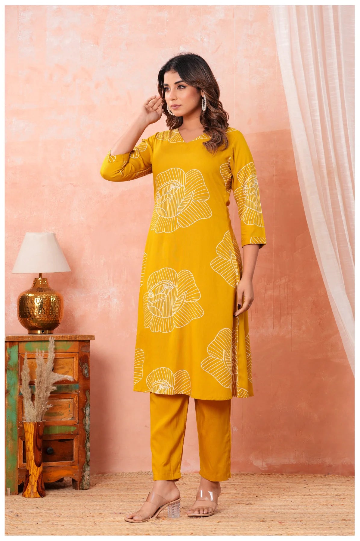 Women’s Mustard Yellow Printed Rayon Kurta Pant Set