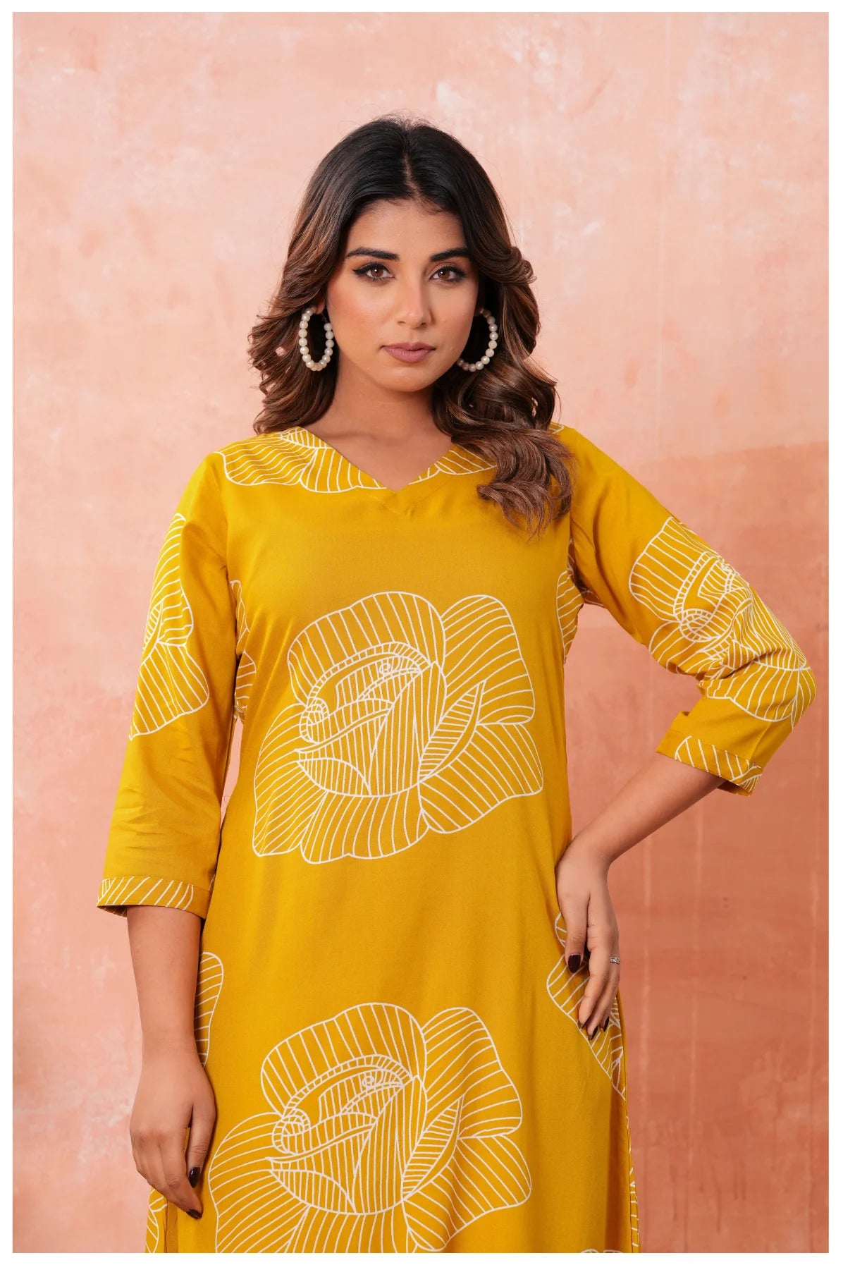 Women’s Mustard Yellow Printed Rayon Kurta Pant Set