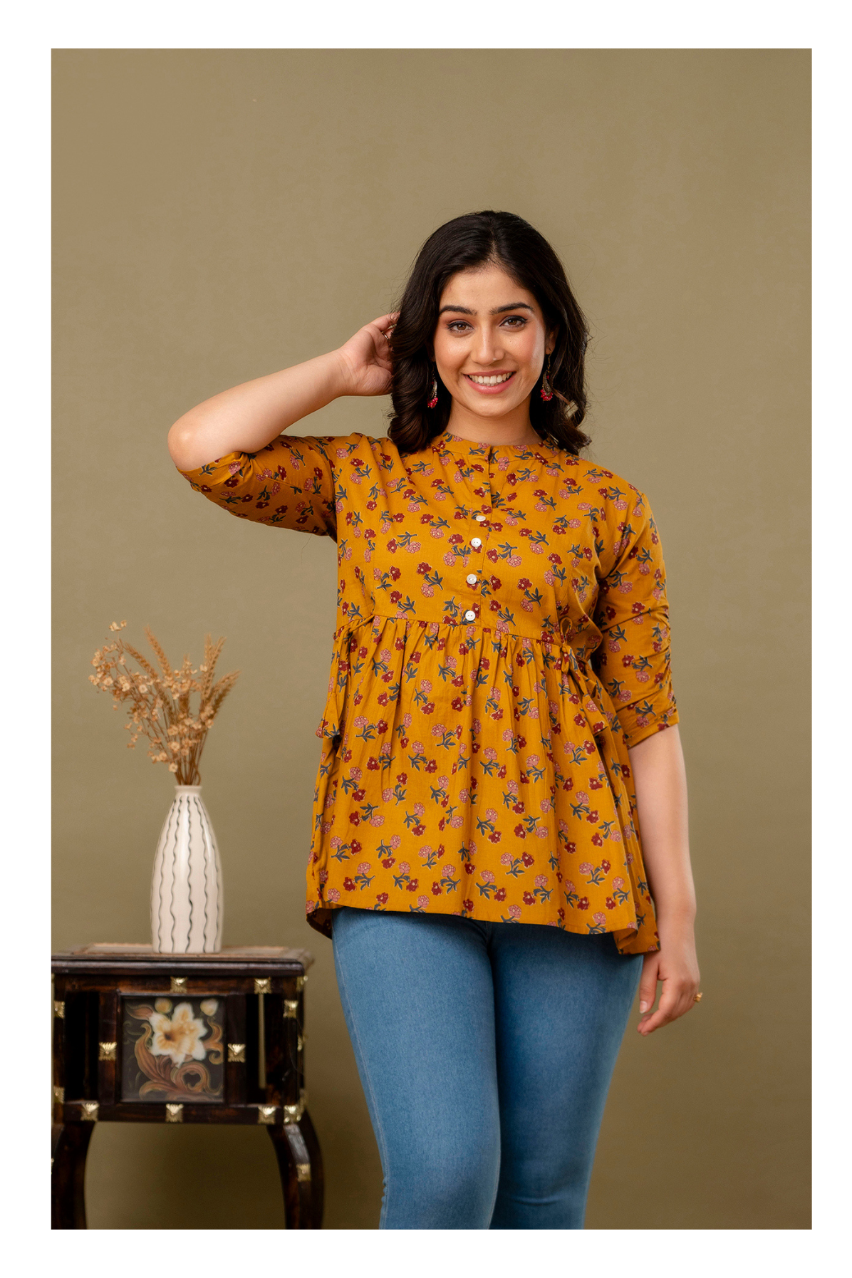 Yellow Printed Cotton Peplum Top for Women – Stylish & Comfortable Fit