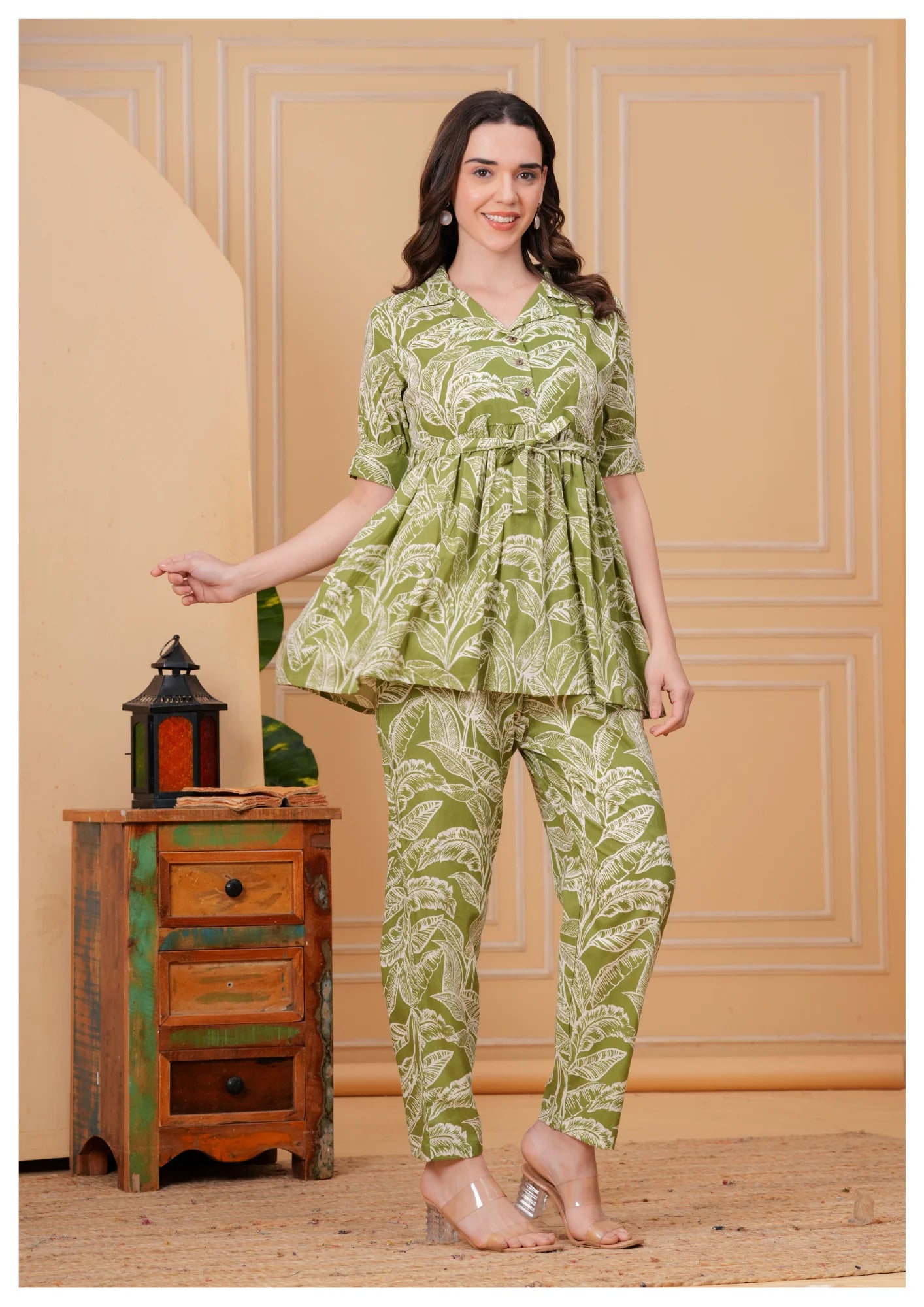 Olive Green Floral Printed Cotton Co-Ord Set for Women