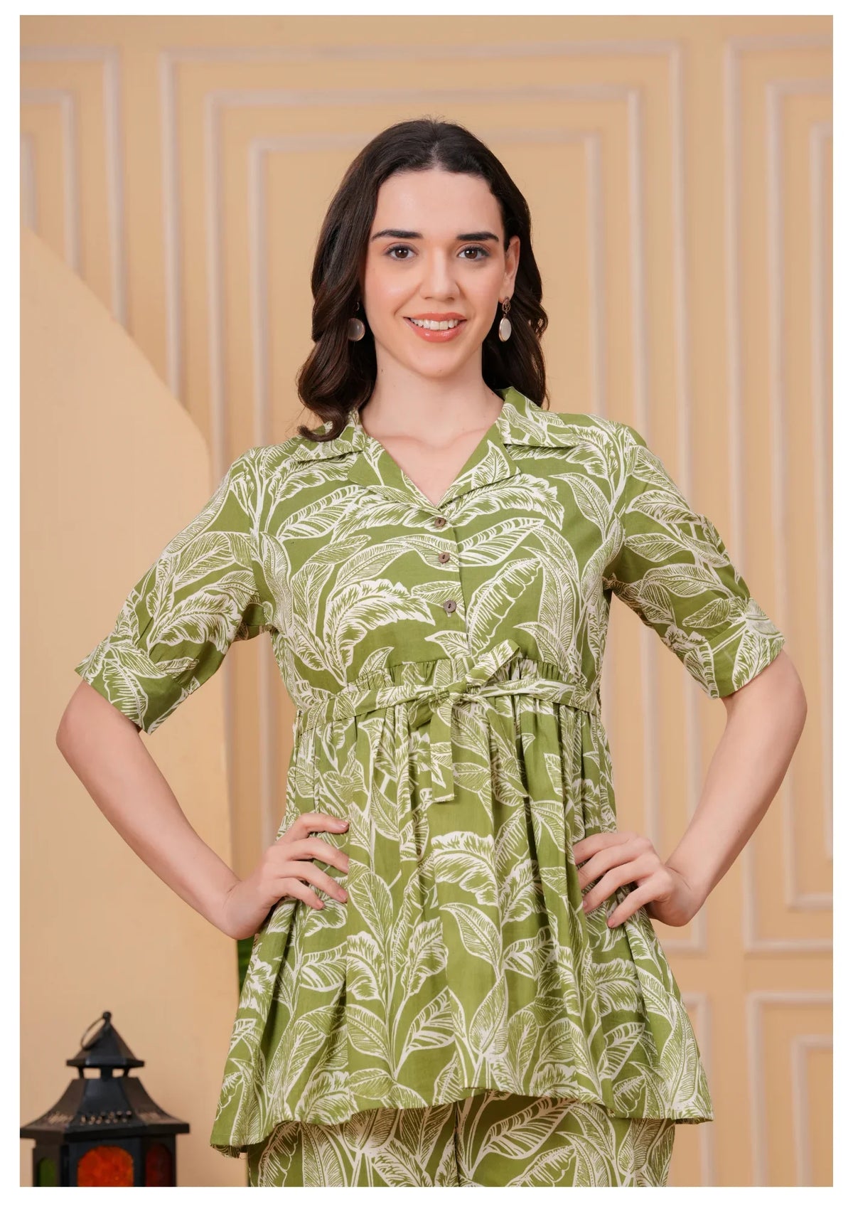 Olive Green Floral Printed Cotton Co-Ord Set for Women