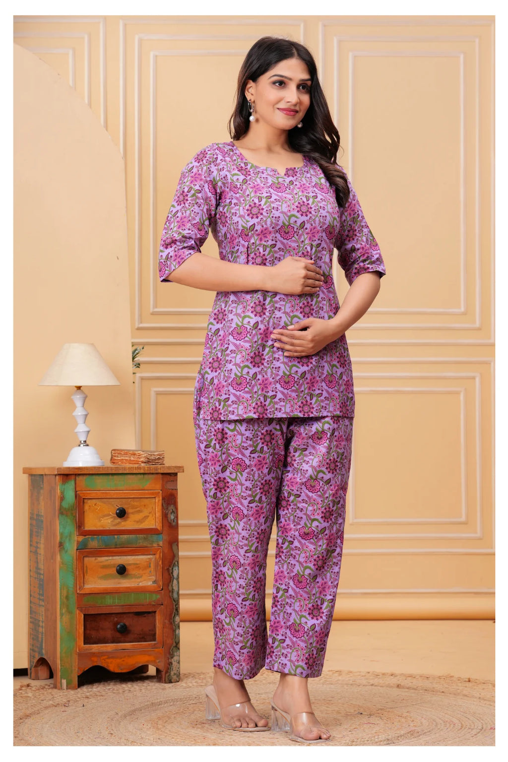 Women’s Maternity Feeding Cord Set | Floral Printed Nursing Co-Ord Set (Purple)