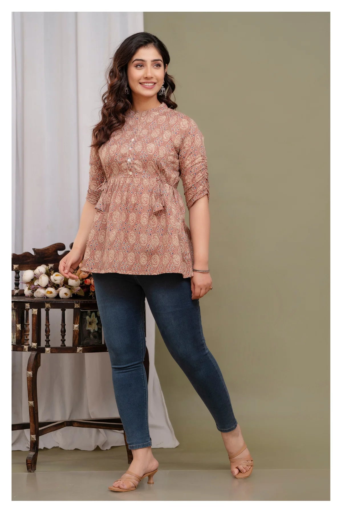 Stylish Brown Cotton Printed Top with Gathered Waist & Button Front