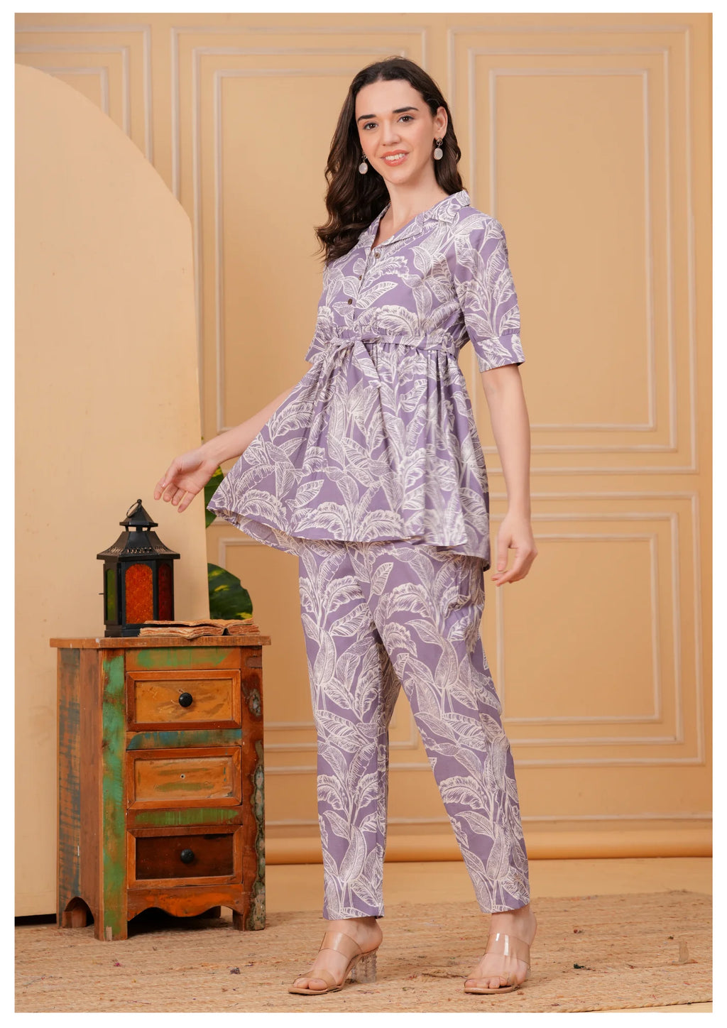 Lavender Floral Printed Cotton Co-Ord Set for Women