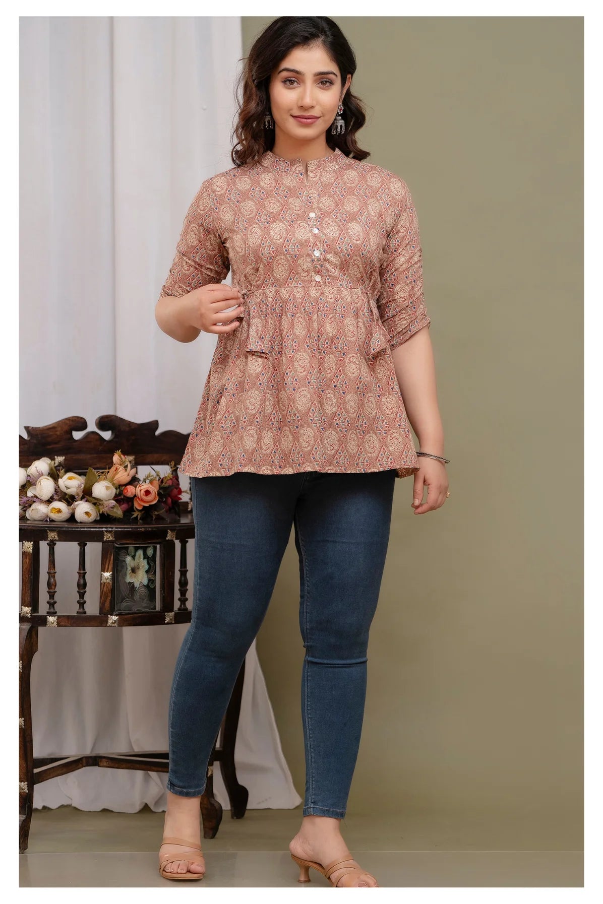Stylish Brown Cotton Printed Top with Gathered Waist & Button Front