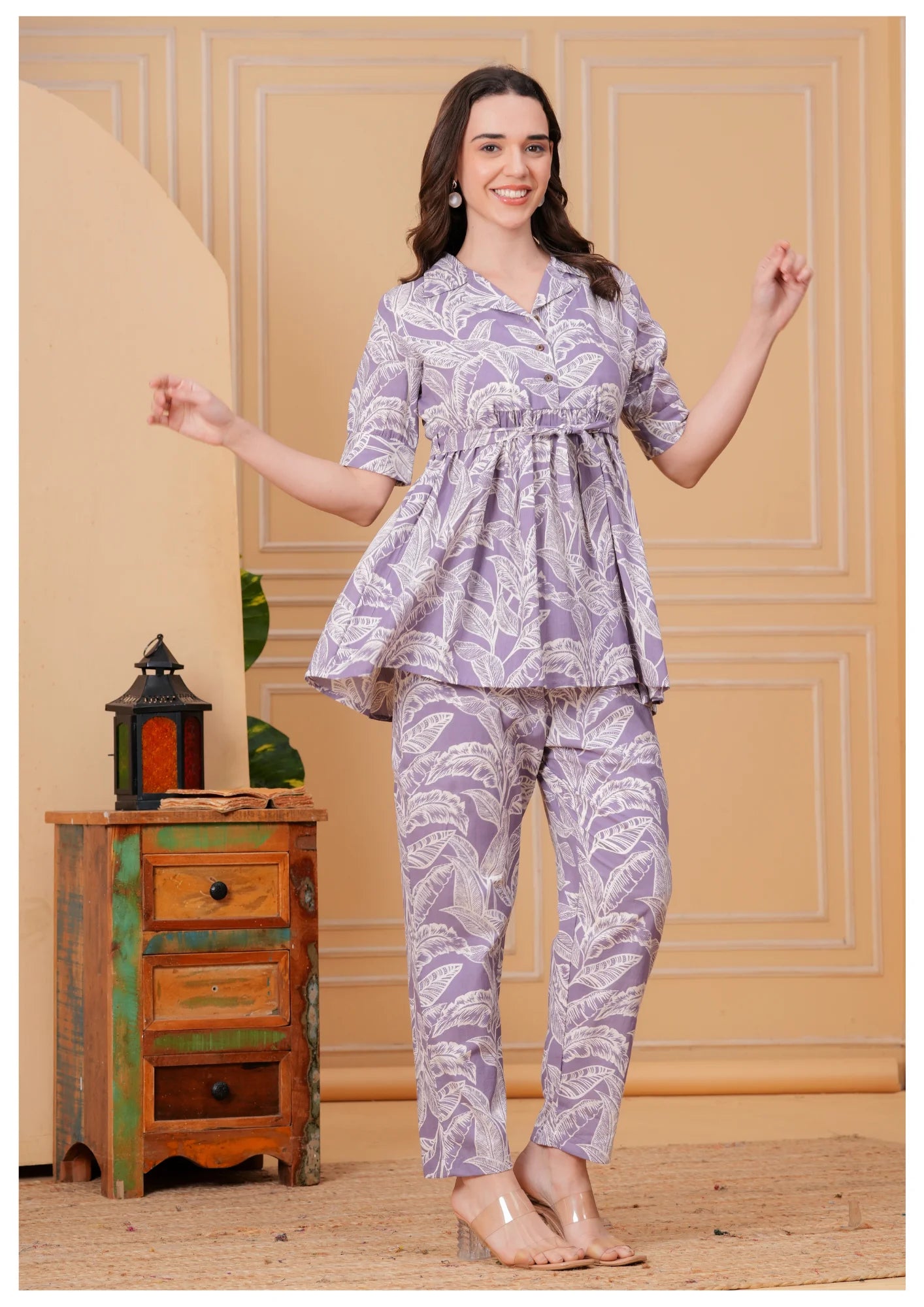 Lavender Floral Printed Cotton Co-Ord Set for Women