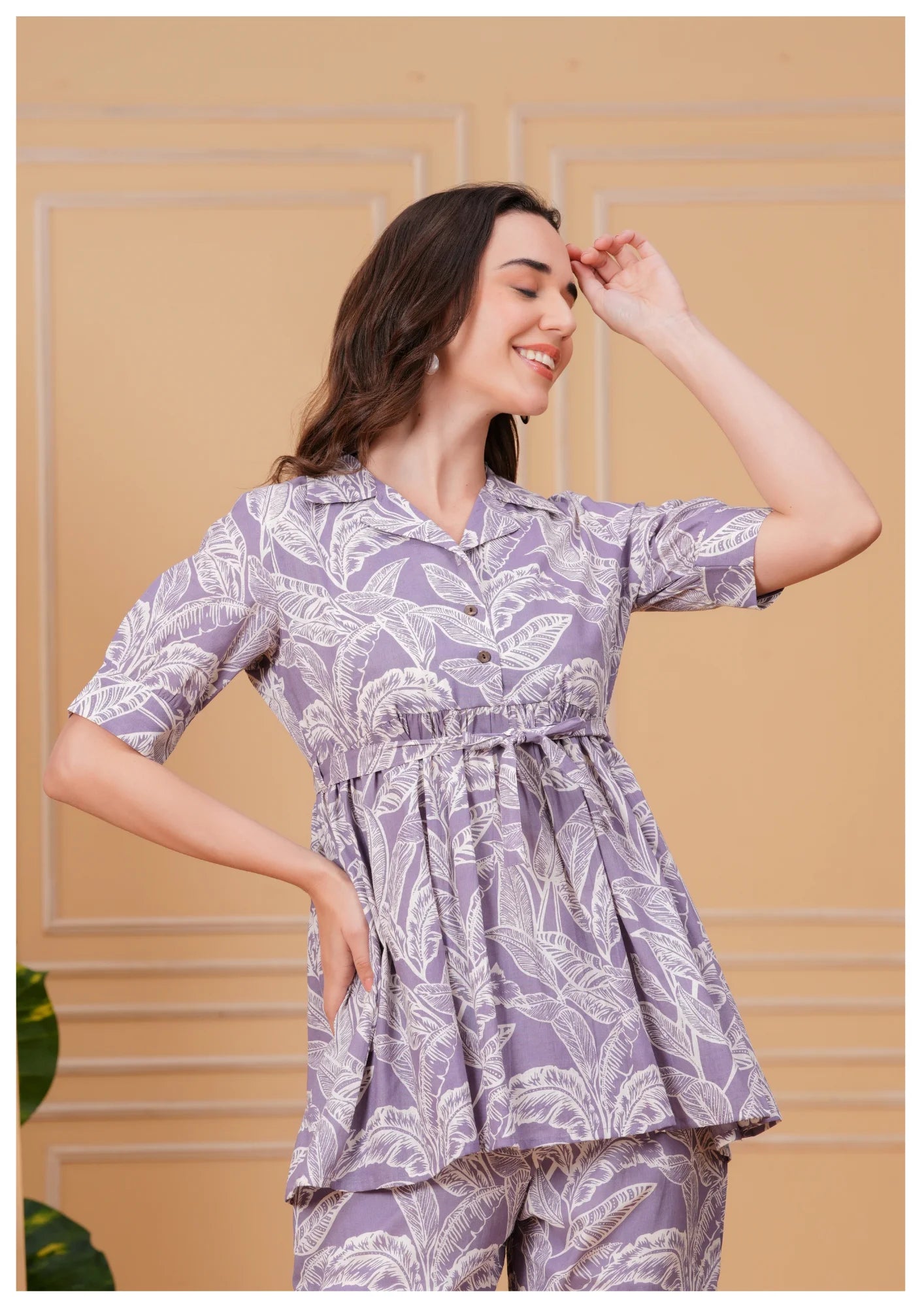 Lavender Floral Printed Cotton Co-Ord Set for Women